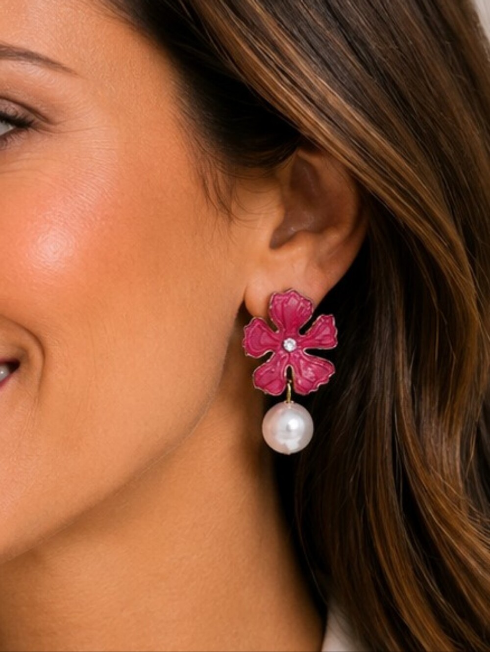 💎 Pink Enamel Flower Pearl Drop Earrings Rhinestone Gold Tone Statement